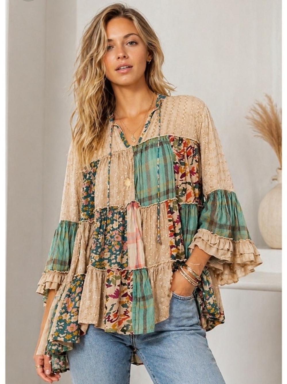 Young Threads Boho Patchwork Cottagecore Peasant Tunic Blouse -OOAK